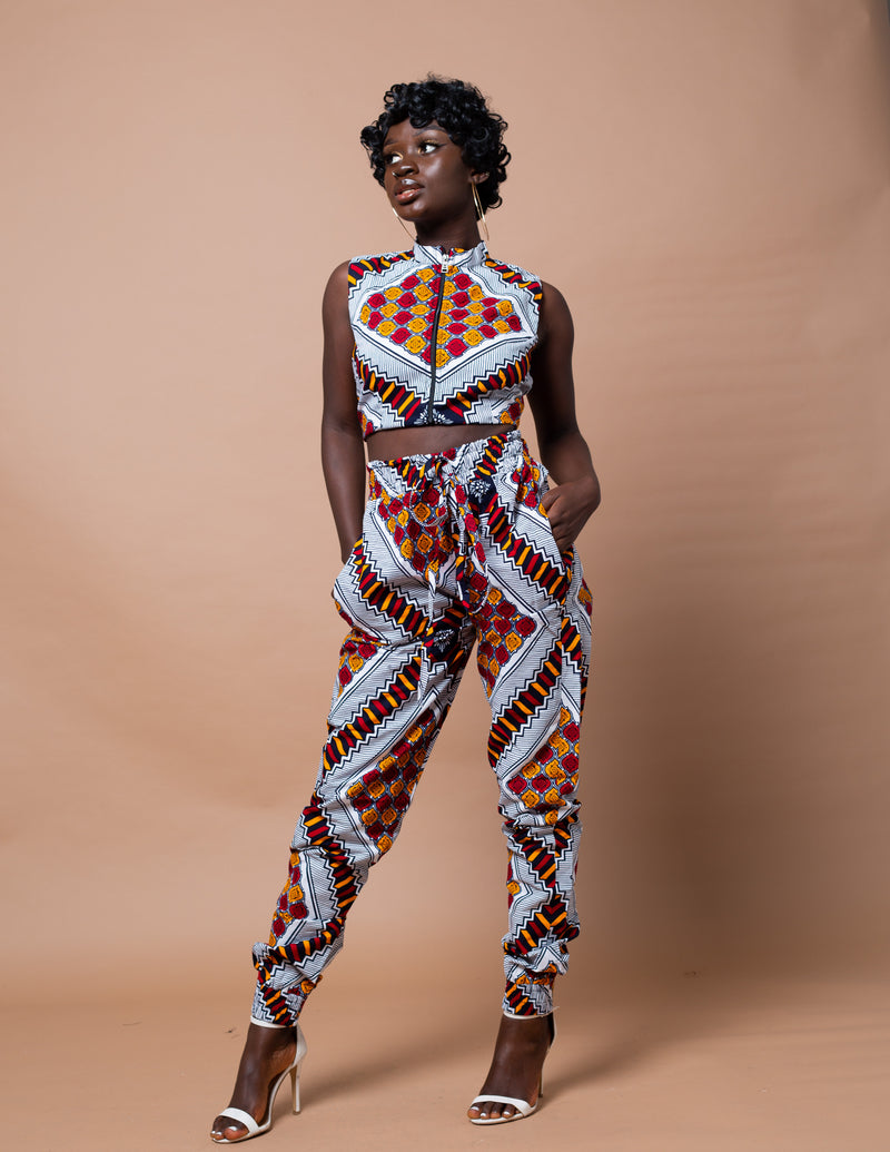 Ara high waisted Trouser | White and Red African Print