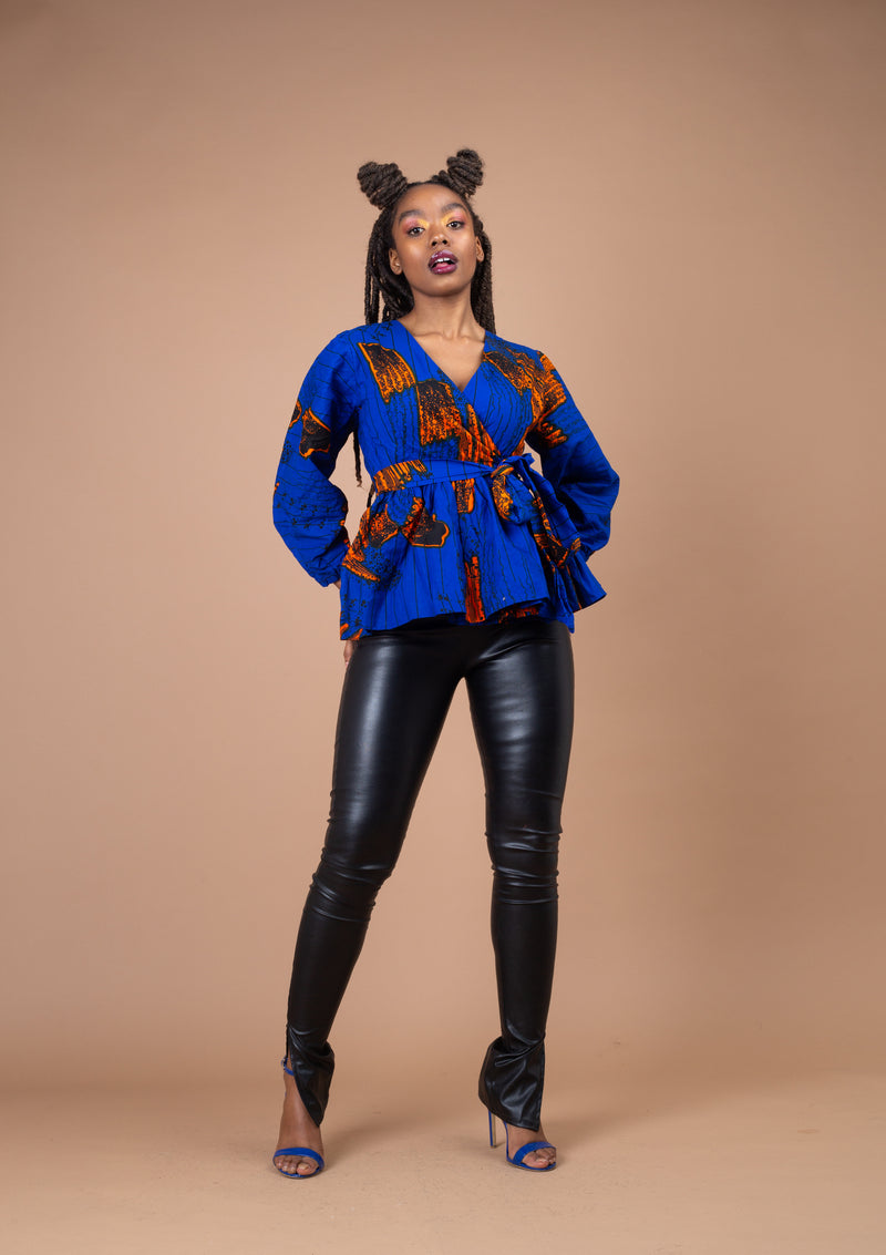 Magdalene Ankara Peplum Top | Blue African Print