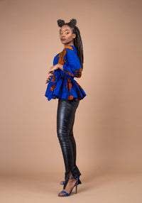 Magdalene Ankara Peplum Top | Blue African Print