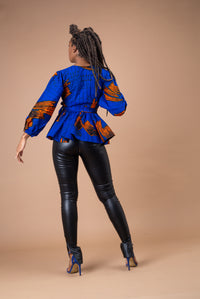 Magdalene Ankara Peplum Top | Blue African Print