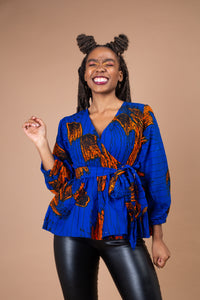 Magdalene Ankara Peplum Top | Blue African Print