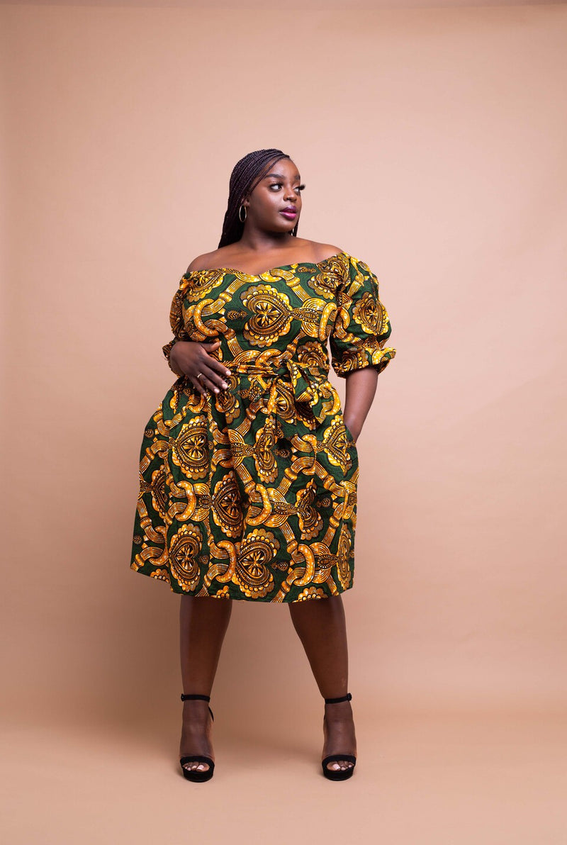 Sindy Ankara Midi Dress | Yellow and Green African Print