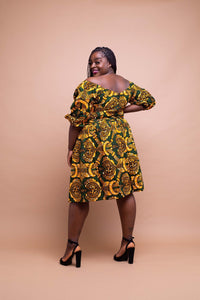 Sindy Ankara Midi Dress | Yellow and Green African Print