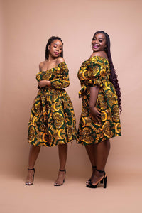 Sindy Ankara Midi Dress | Yellow and Green African Print