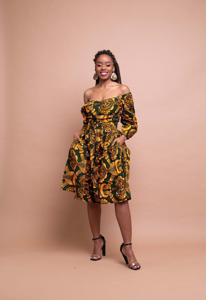 Sindy Ankara Midi Dress | Yellow and Green African Print