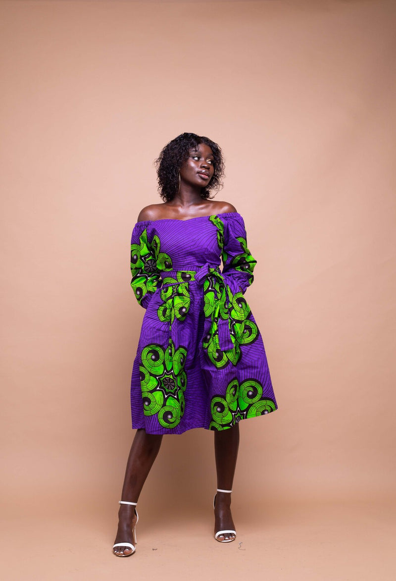 Sewa Ankara Midi Dress | Purple and Green African Print