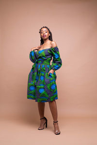 Sandy Ankara Midi Dress | Green and Blue African Print