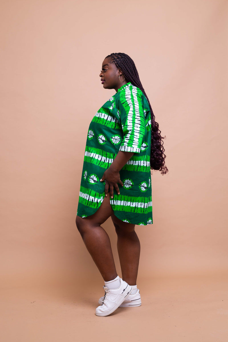 Abiola Ankara Tunic Shirt Dress | Green African Print