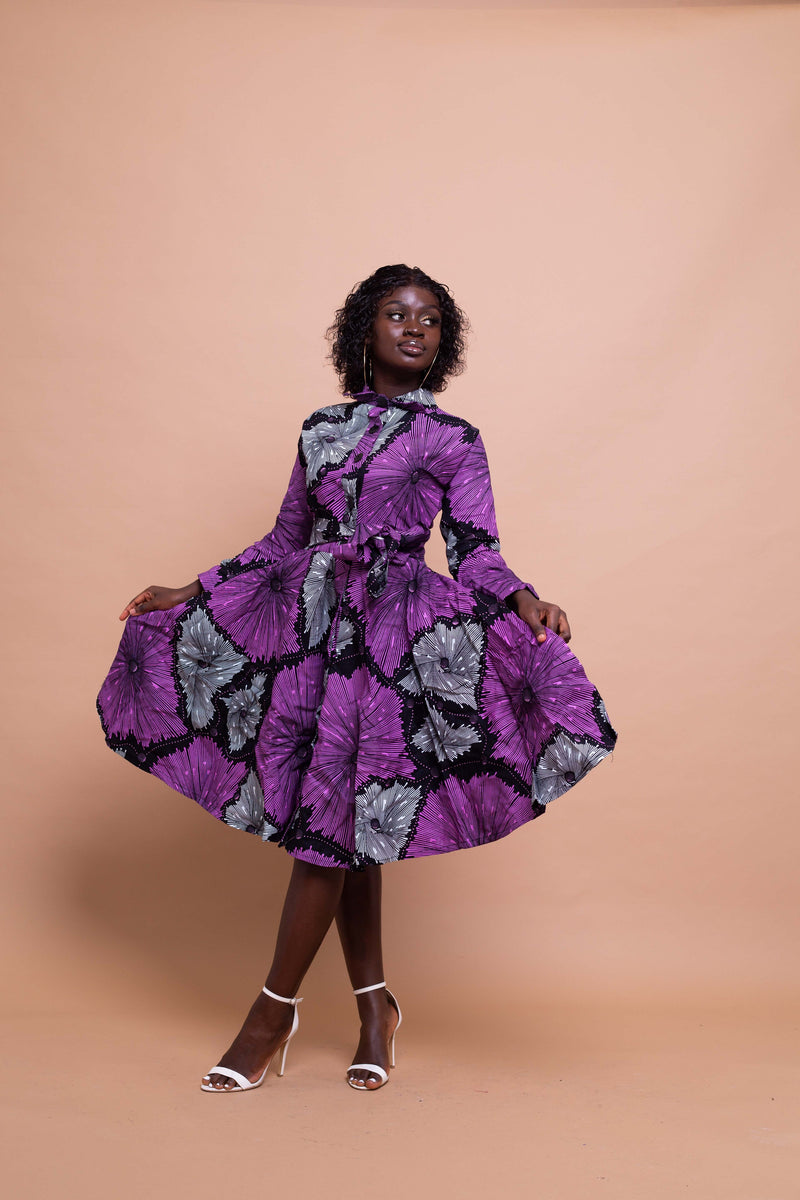 Elisa Ankara Button Down Shirt Dress | Purple African Print