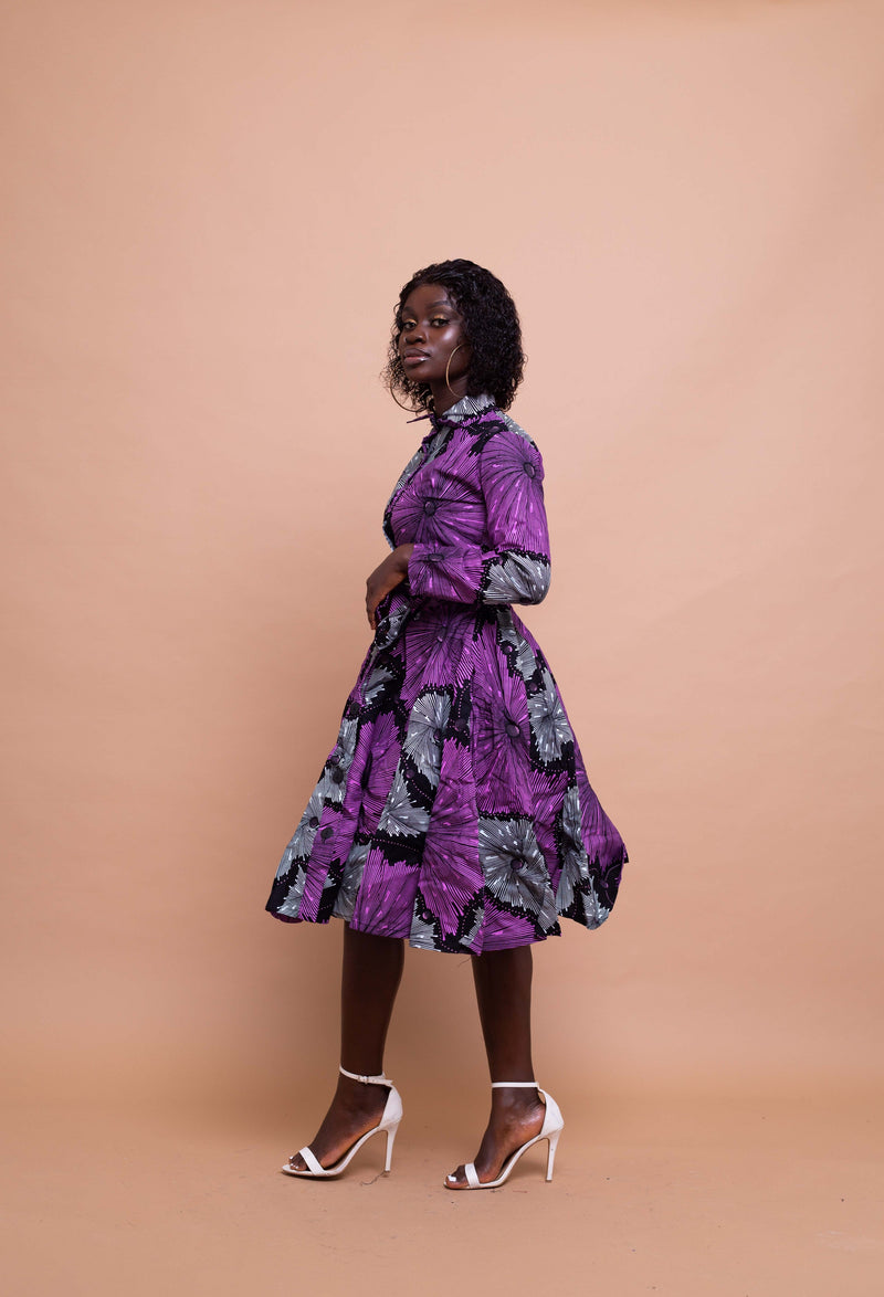 Elisa Ankara Button Down Shirt Dress | Purple African Print