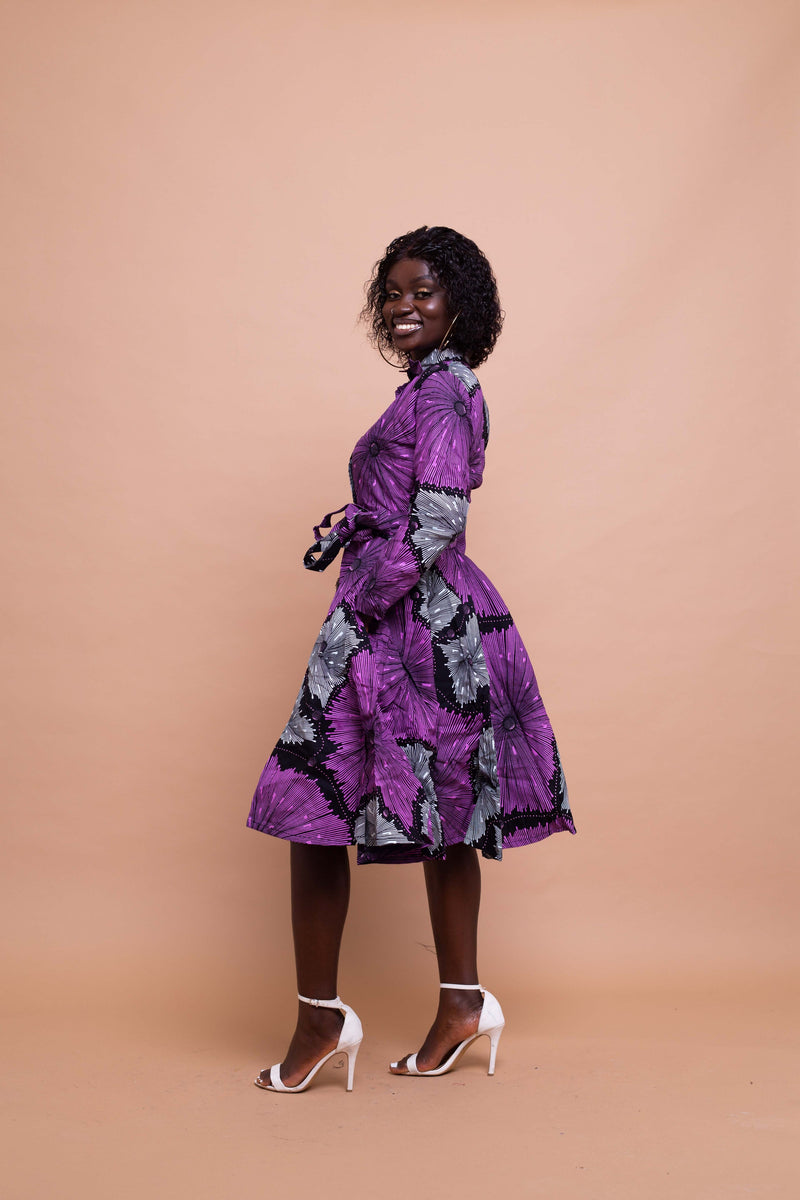 Elisa Ankara Button Down Shirt Dress | Purple African Print