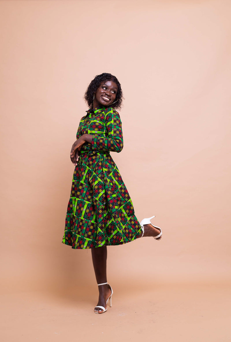 Eva Ankara Button Down Shirt Dress | Green and Red African Print