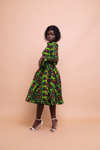 Eva Ankara Button Down Shirt Dress | Green and Red African Print