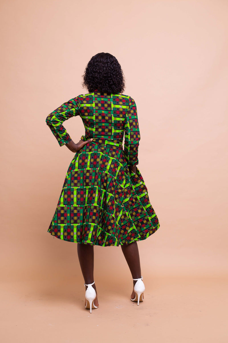 Eva Ankara Button Down Shirt Dress | Green and Red African Print