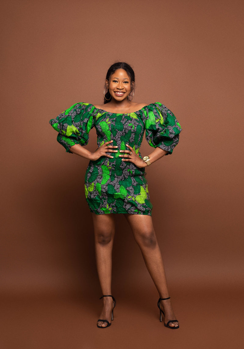 Darby Ankara Short Mini Pencil Stretch Dress | Green African Print