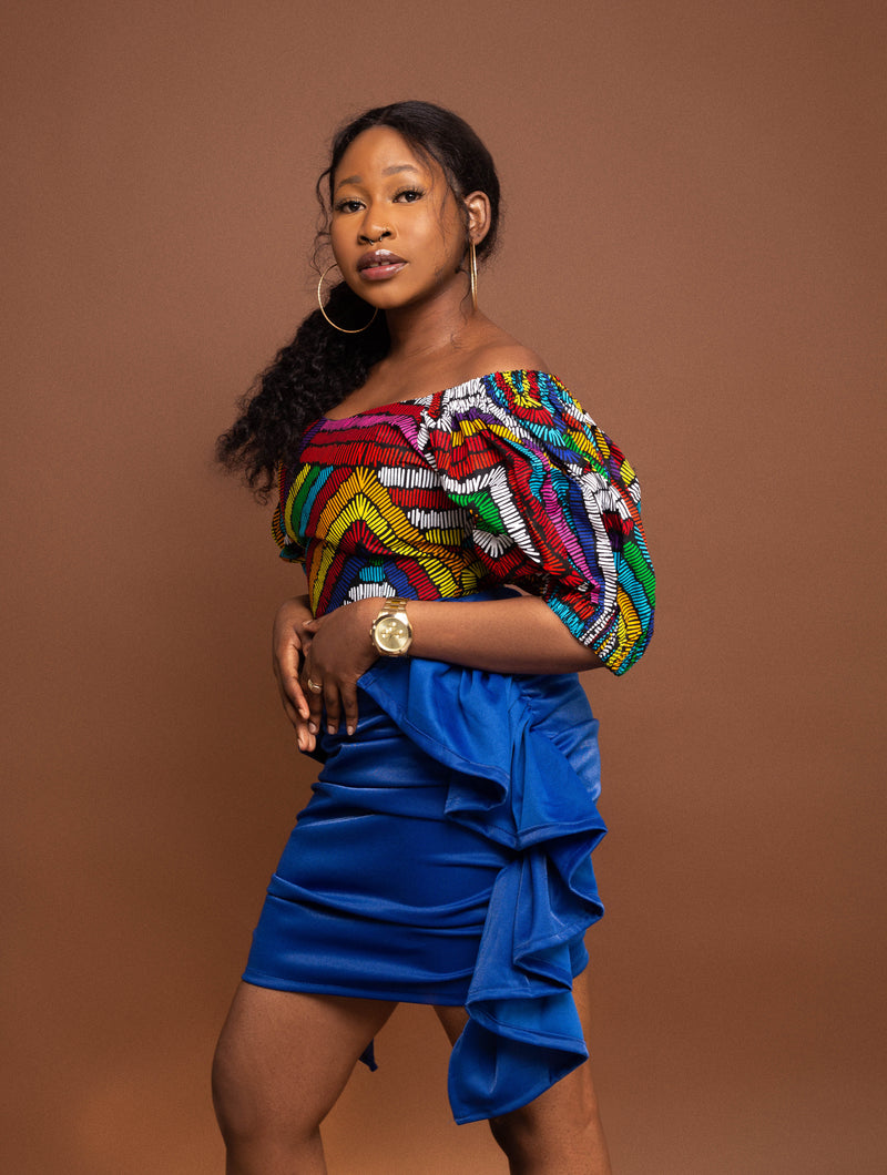 Jane Ankara African Short Mini Dress | Blue and Multicolored Print