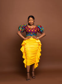 Jojo Ankara Midi Dress | Yellow Crepe and African Print