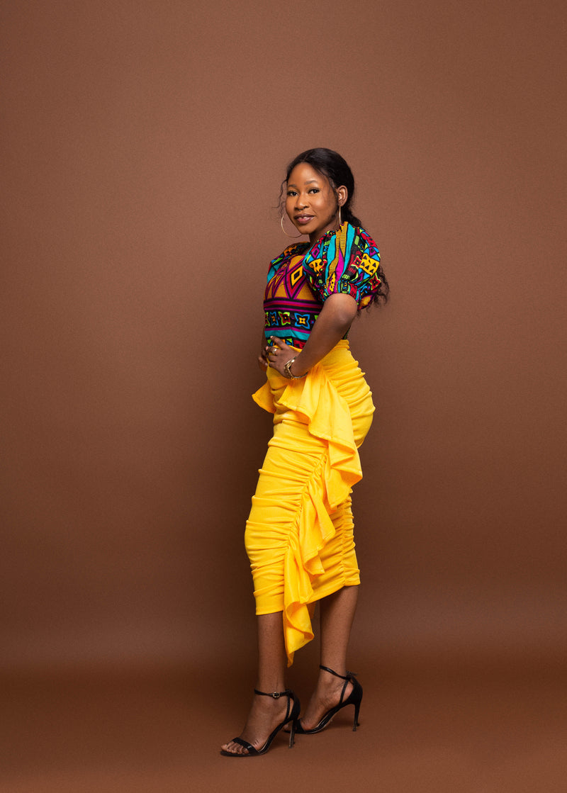 Jojo Ankara Midi Dress | Yellow Crepe and African Print