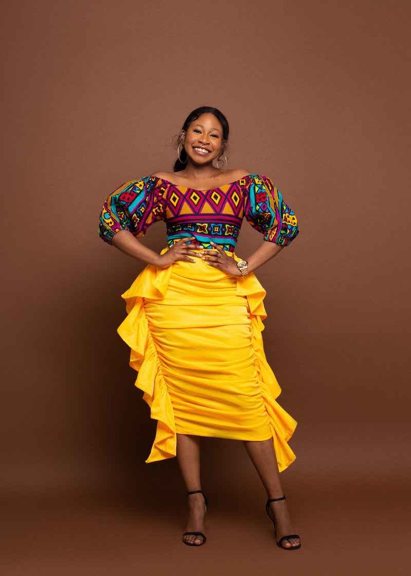 Jojo Ankara Midi Dress | Yellow Crepe and African Print