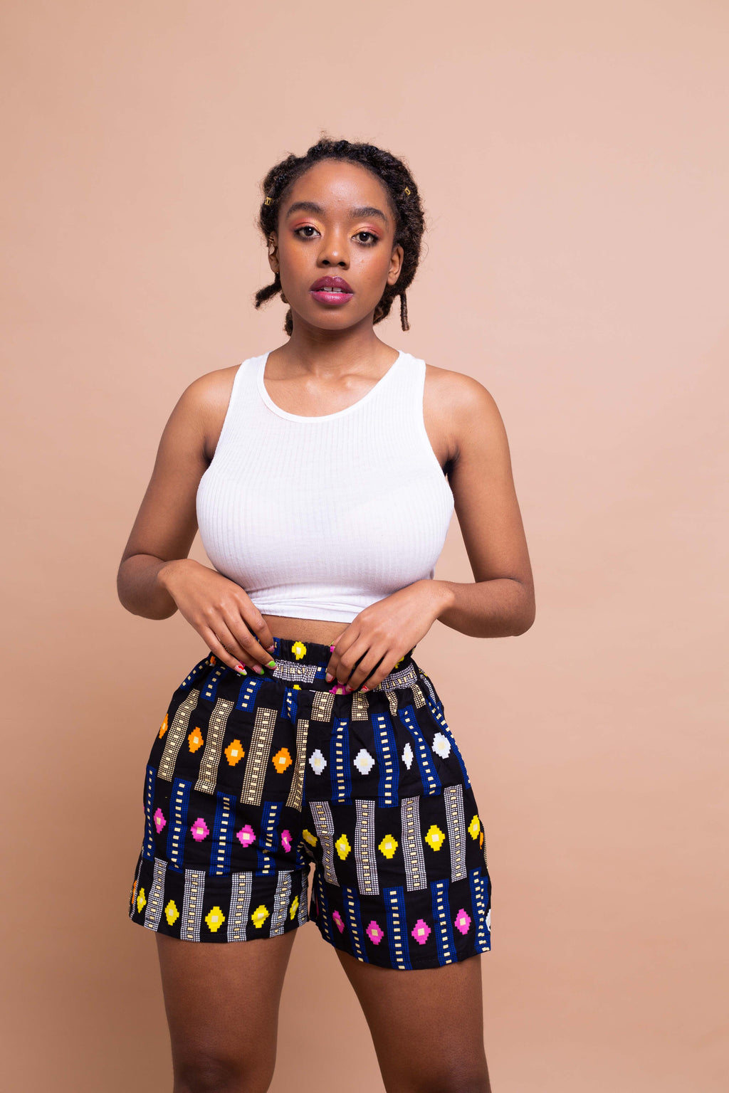 Tanya Ankara High Waisted Shorts | Black and Blue Multicolored African Print