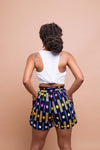 Tanya Ankara High Waisted Shorts | Black and Blue Multicolored African Print