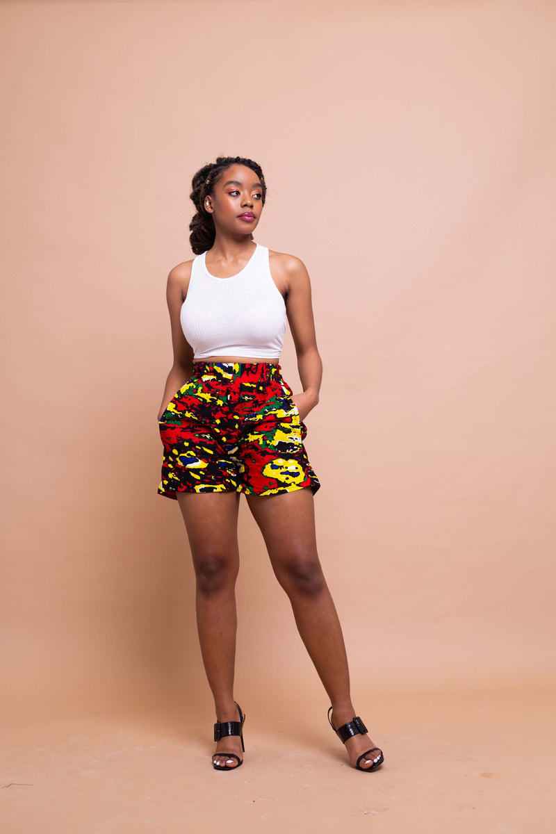 Tessy Ankara High Waisted Shorts | Yellow and Red African Print