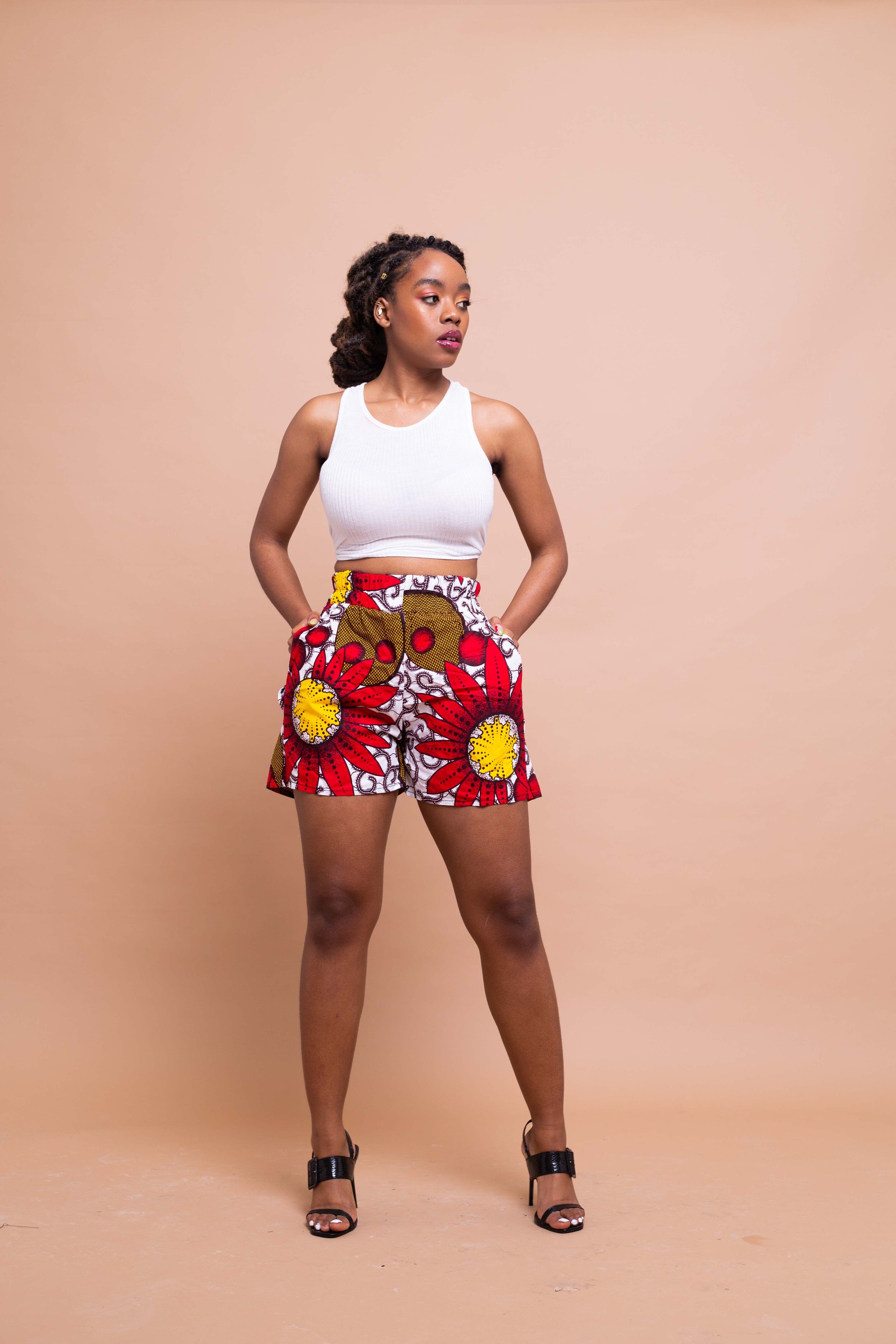 Tara Ankara High Waisted Shorts Pink and White African Print M.A.DKollection