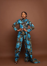 Kamsy Ankara Jumpsuit | Blue and Brown African Print