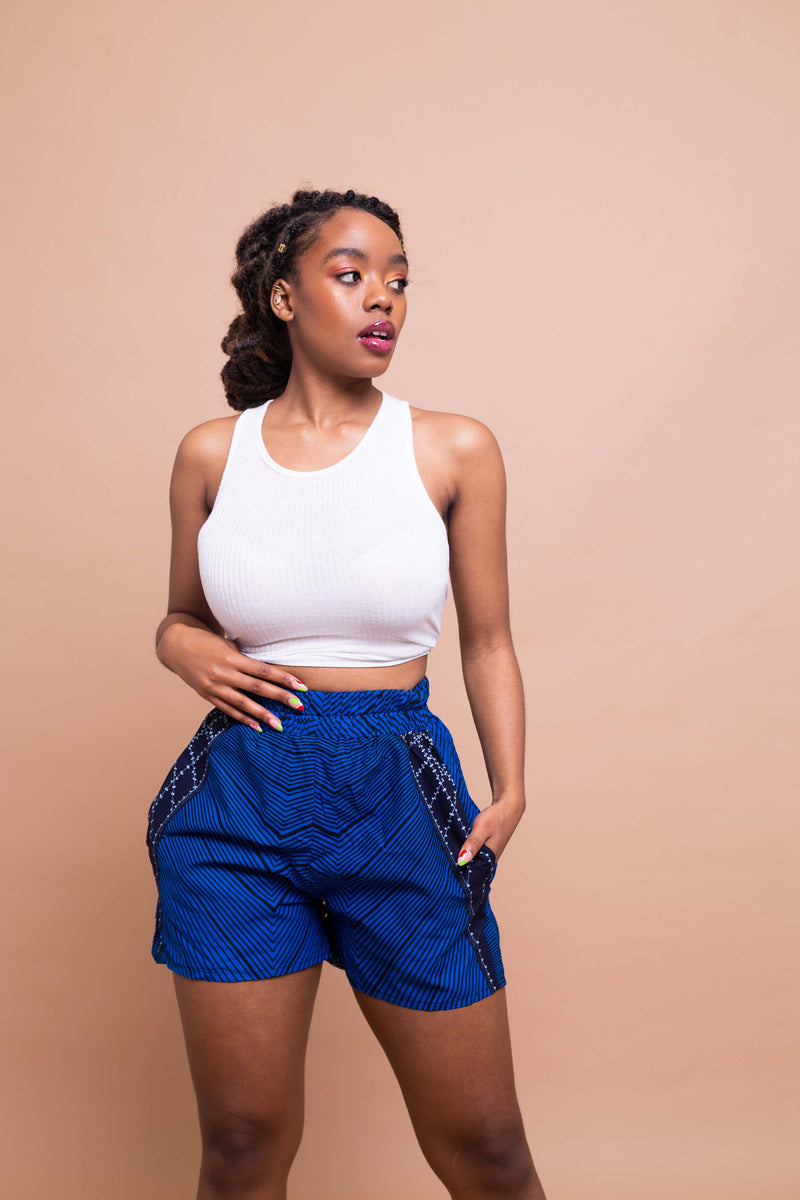 Tina Ankara High Waisted Shorts | Blue African Print