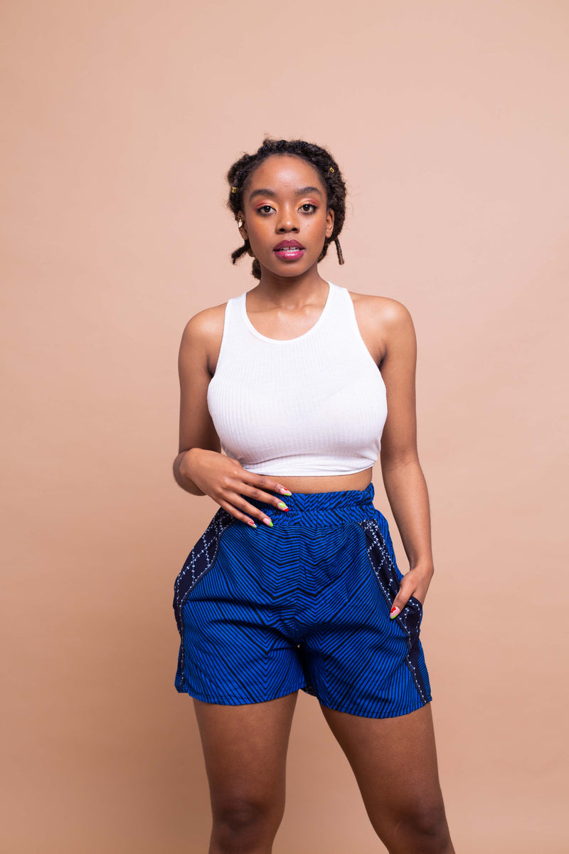 Tina Ankara High Waisted Shorts | Blue African Print