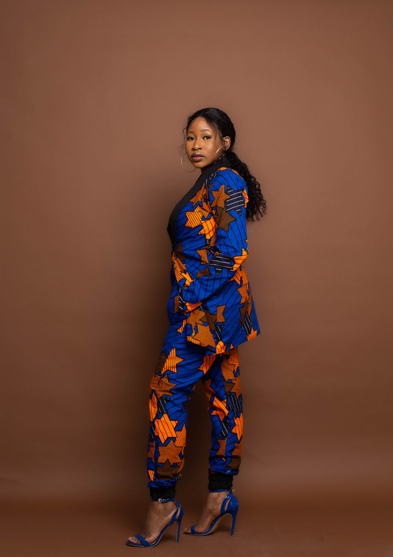 Augusta Ankara Long Jacket | Blue and Orange African Print