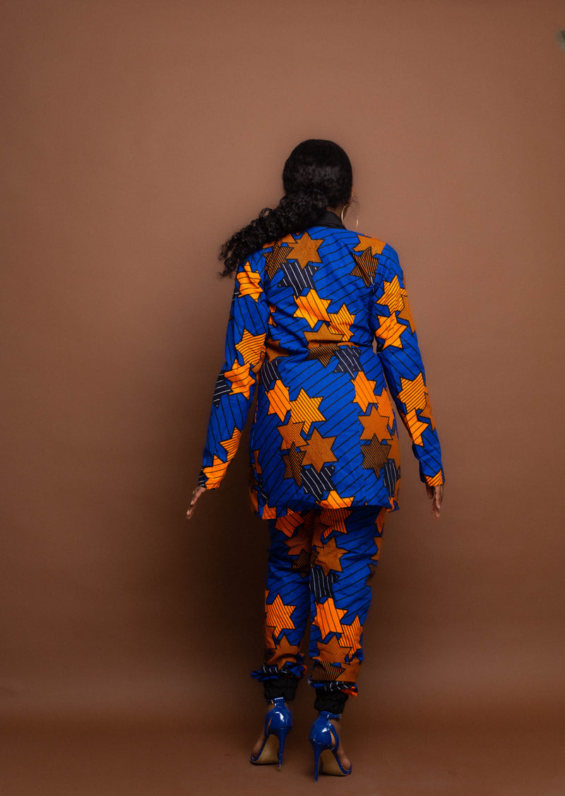 Augusta Ankara Long Jacket | Blue and Orange African Print