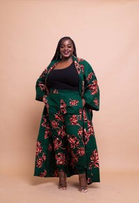 Akan Ankara Long Kimono Jacket | Green African Print