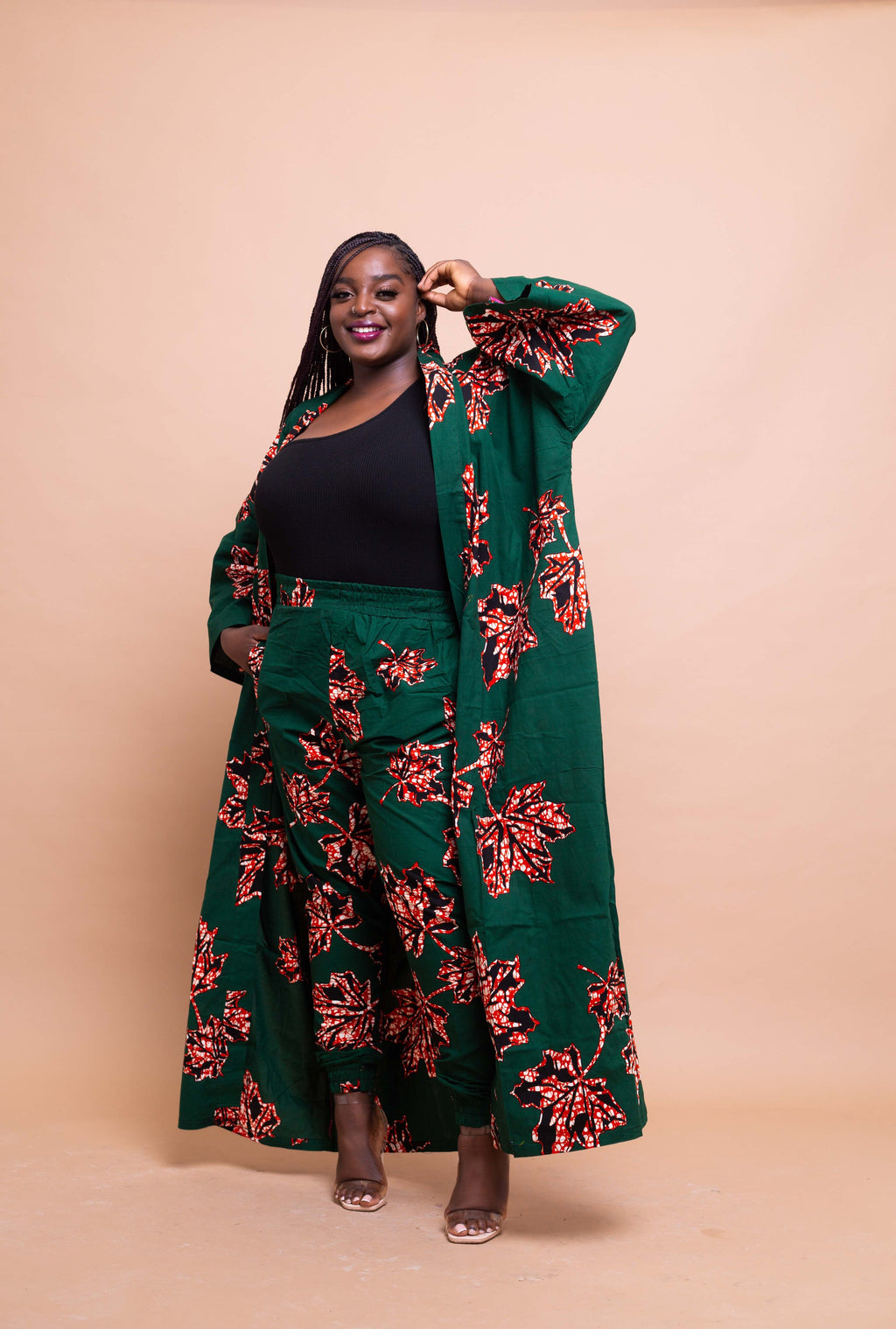 Akan Ankara Long Kimono Jacket | Green African Print