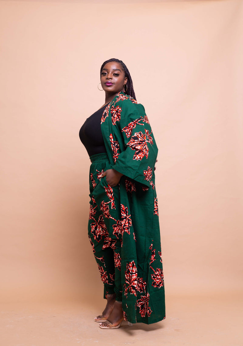 Akan Ankara Long Kimono Jacket | Green African Print