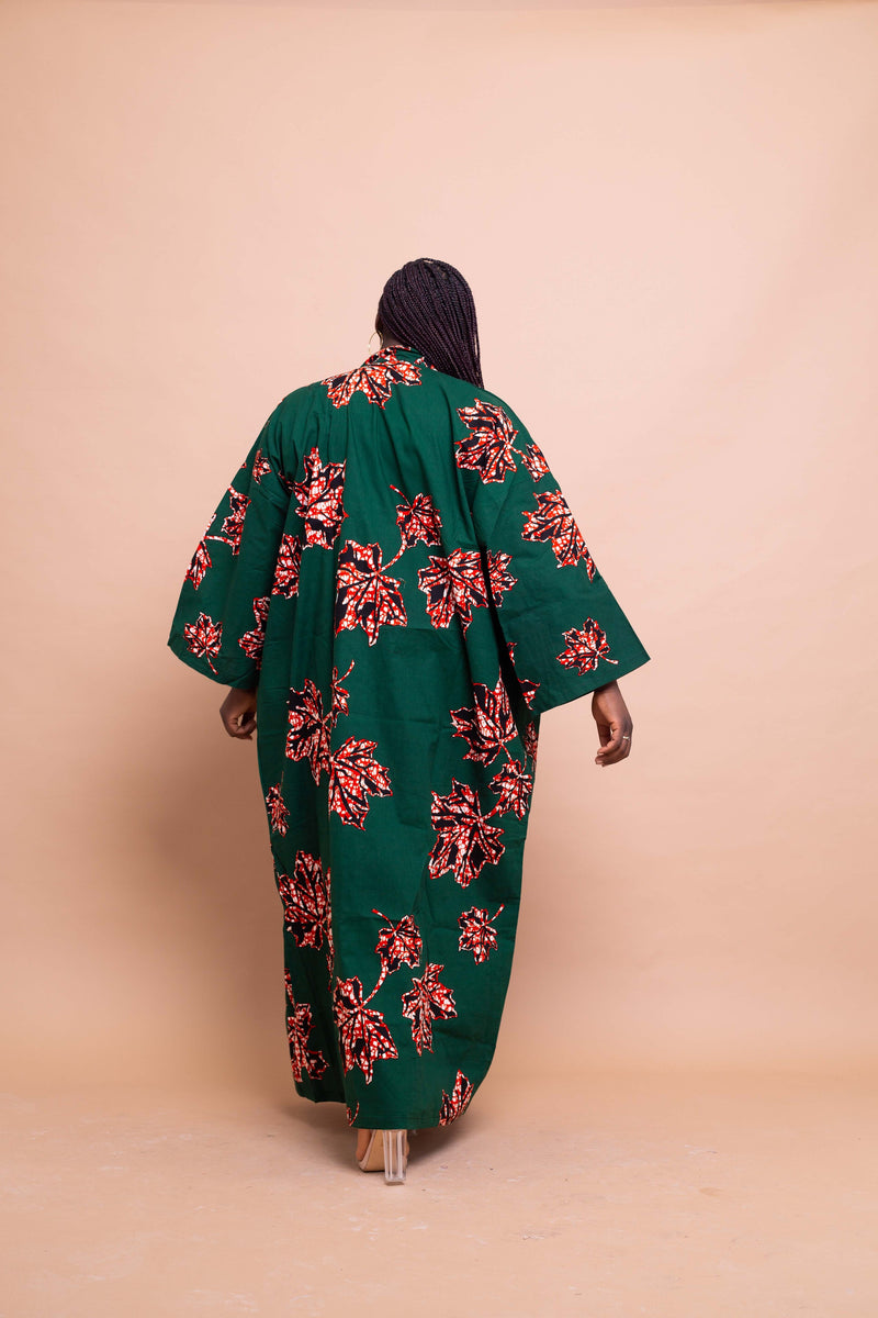 Akan Ankara Long Kimono Jacket | Green African Print