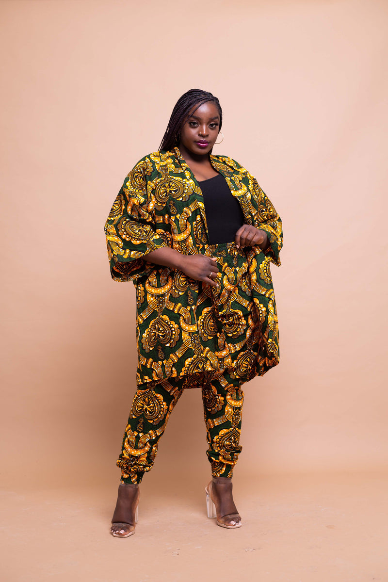 Amara Ankara Kimono Jacket | Yellow and Green African Print