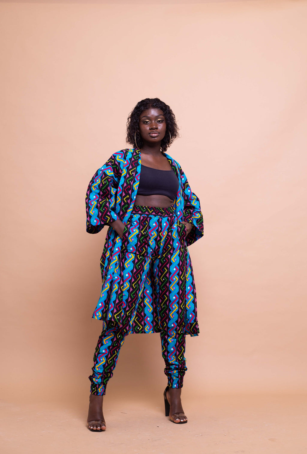 Agnes Ankara Short Kimono Jacket | Blue and Pink Multicoloured African Print