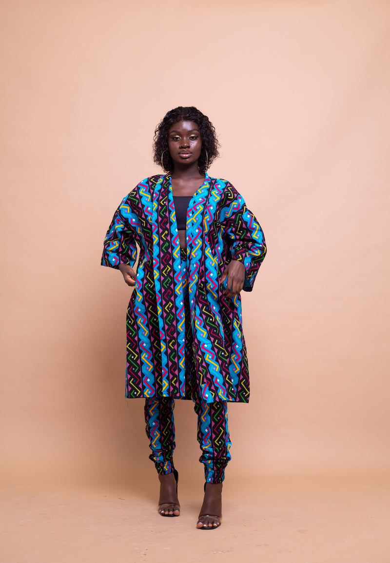 Agnes Ankara Short Kimono Jacket | Blue and Pink Multicoloured African Print