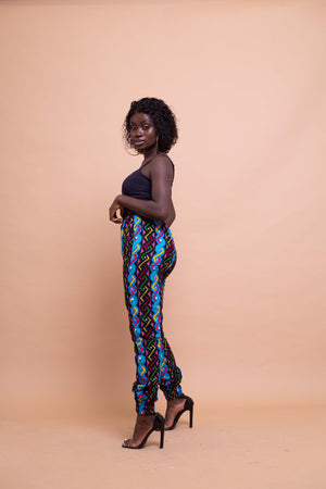 Agnes Ankara High Waisted Trouser | Blue and Pink Multicoloured African Print