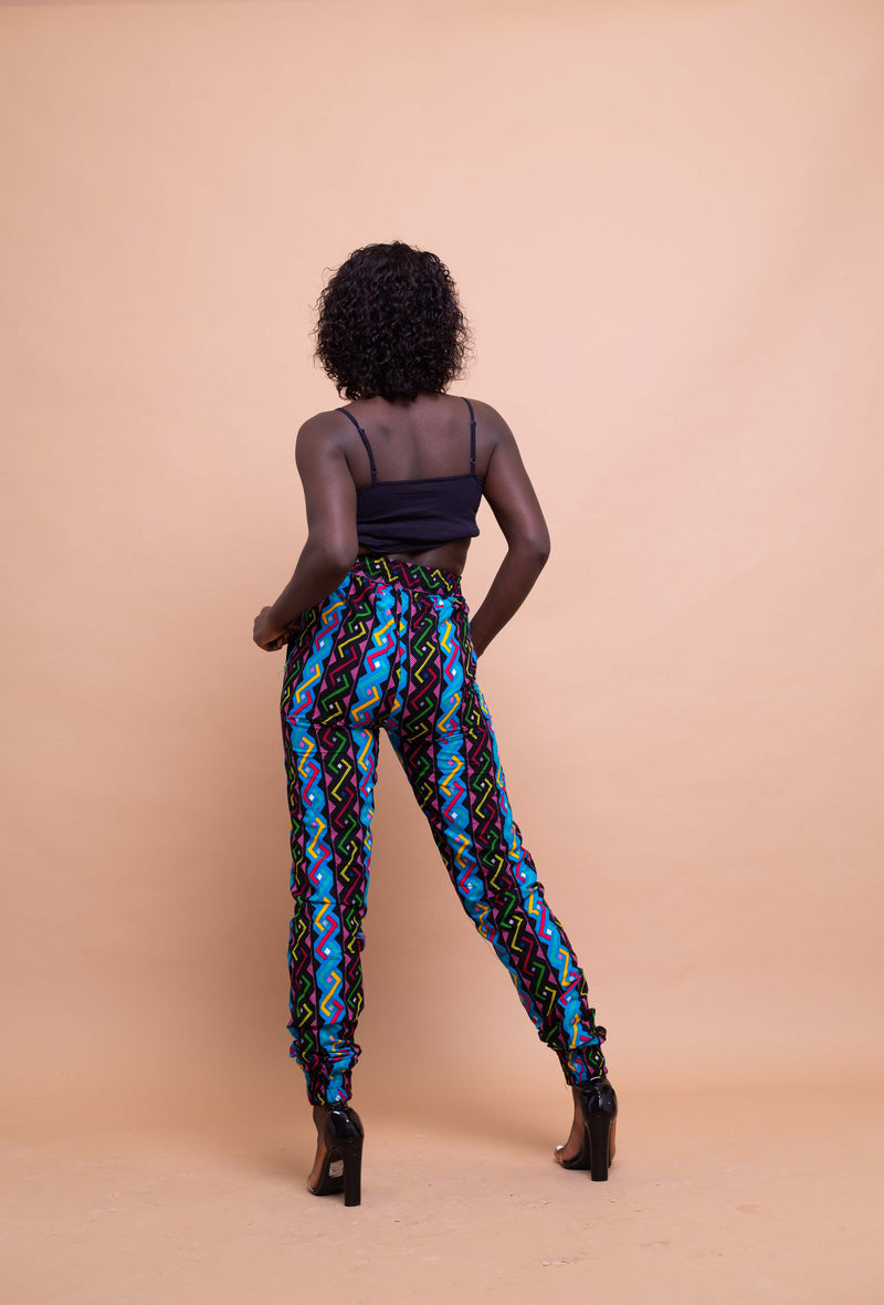 Agnes Ankara High Waisted Trouser | Blue and Pink Multicoloured African Print