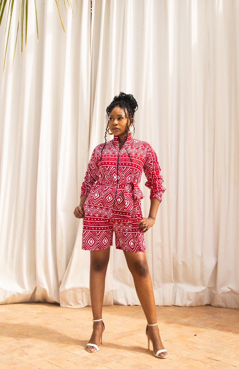 Rume Ankara Playsuit | Red and White African Print