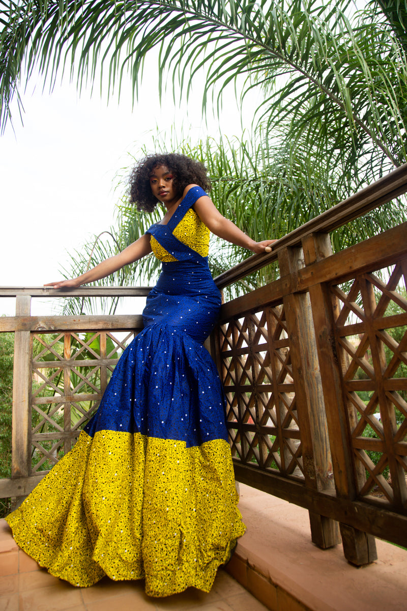 Rabia Ankara Maxi Dress | Blue and Yellow African Print