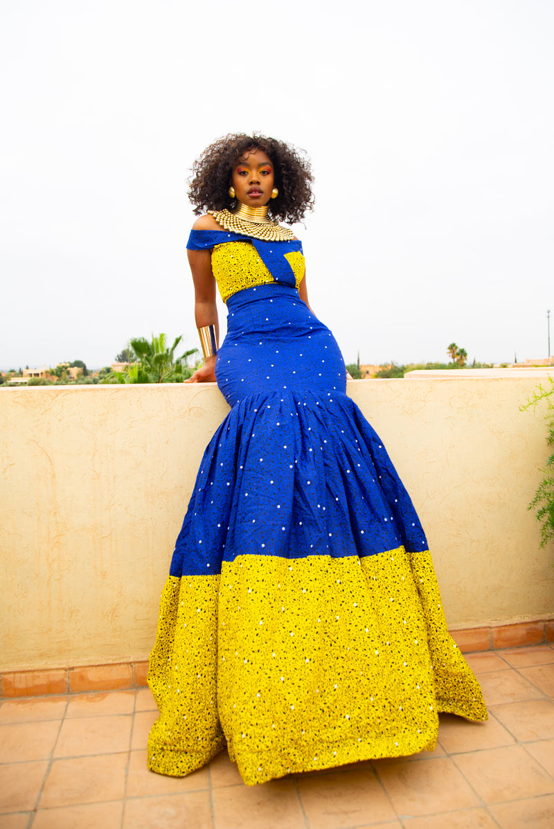 Rabia Ankara Maxi Dress | Blue and Yellow African Print