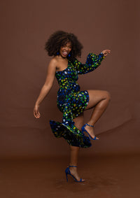 Flora Ankara Short Mini Dress | Blue and Green African Print