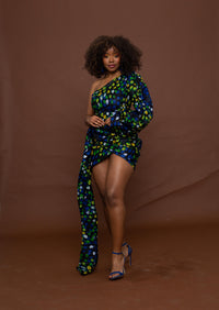 Flora Ankara Short Mini Dress | Blue and Green African Print