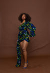 Flora Ankara Short Mini Dress | Blue and Green African Print