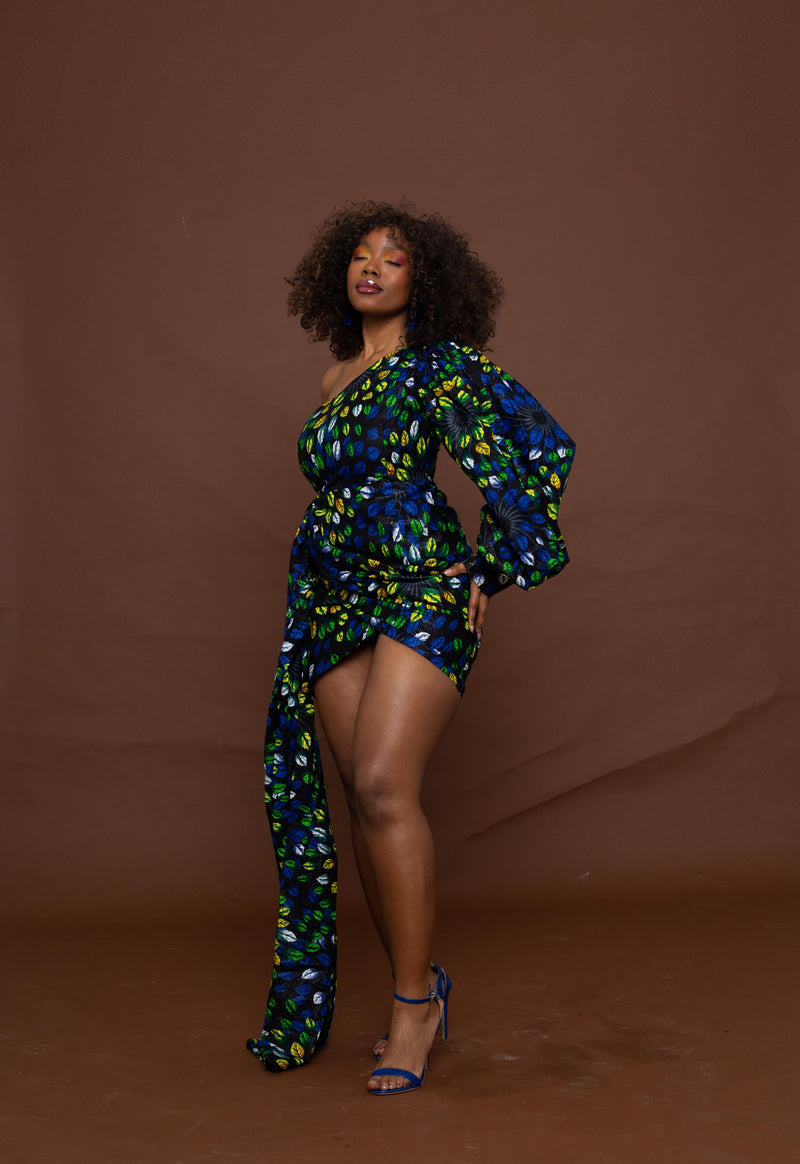 Flora Ankara Short Mini Dress | Blue and Green African Print