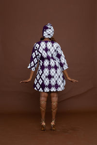 Akemi Ankara Short Tunic Shirt Dress | White and Purple African Print