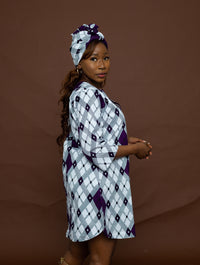 Akemi Ankara Short Tunic Shirt Dress | White and Purple African Print